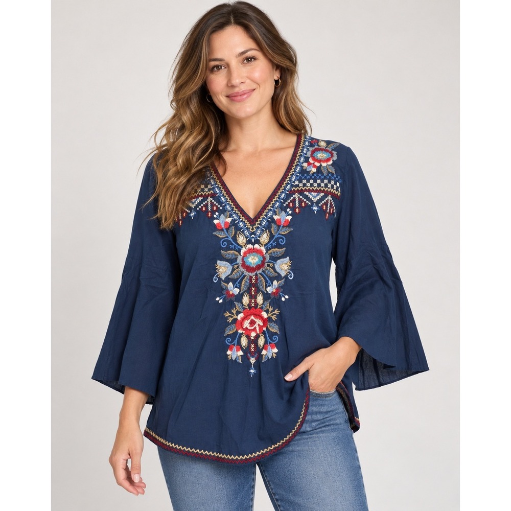 Johnny Was Blouse Navy Blue Floral Embroidered Cotton Boho Bell Sleeve Size S
